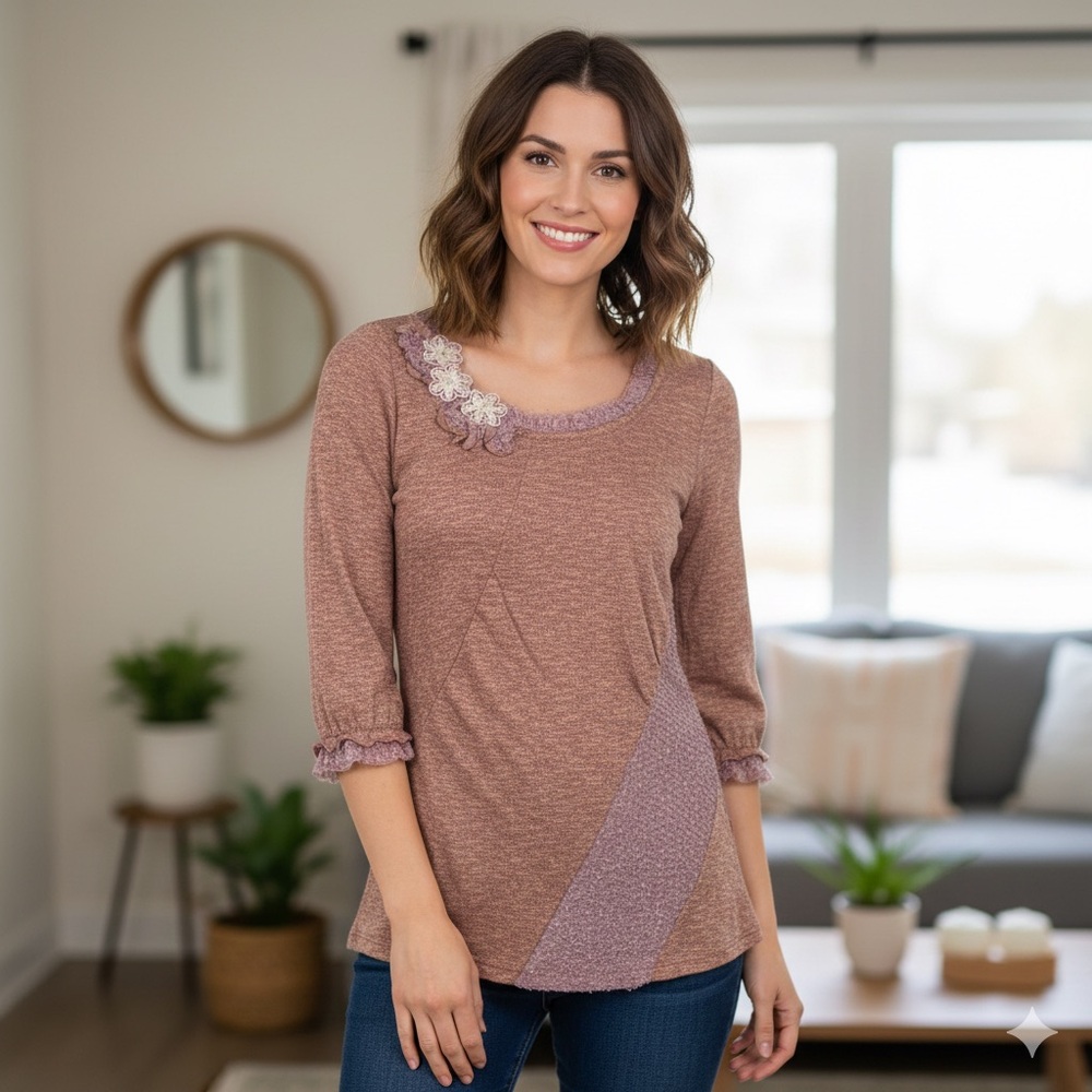 Luluvia Anthropologie Boho Heathered Knit Top with 3D Floral Lace Size M NWT - Picture 1 of 12